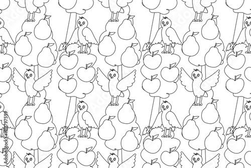 Black and white seamless coloring page featuring birds, fruit trees, apples, and pears for creative designs.