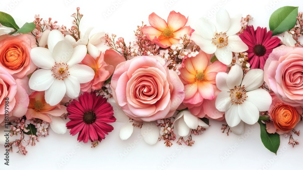 Φωτογραφία Colorful floral arrangement featuring roses, daisies, and cherry blossoms on a w