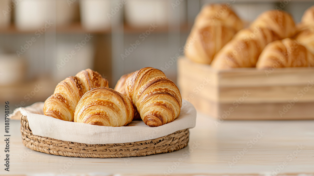 Freshly baked croissants on woven basket, showcasing golden layers and texture Freshly baked croissants on woven basket, showcasing golden layers and texture
