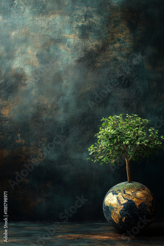 A globe with a tree represents a commitment to conservation and eco-friendliness. copy space