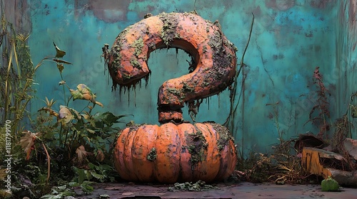 Mossy question mark atop pumpkin, botanical backdrop.