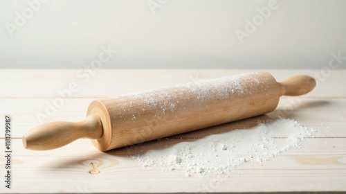 Wooden rolling pin dusted with flour on a light wood surface