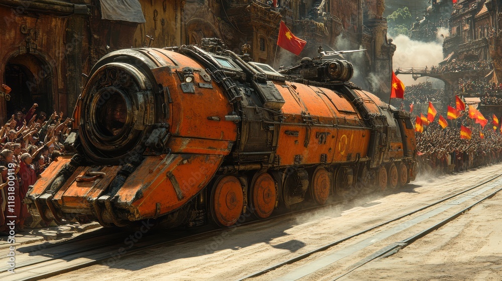 Naklejka premium Vibrant Industrial Train Passing Through Crowded Celebration Scene