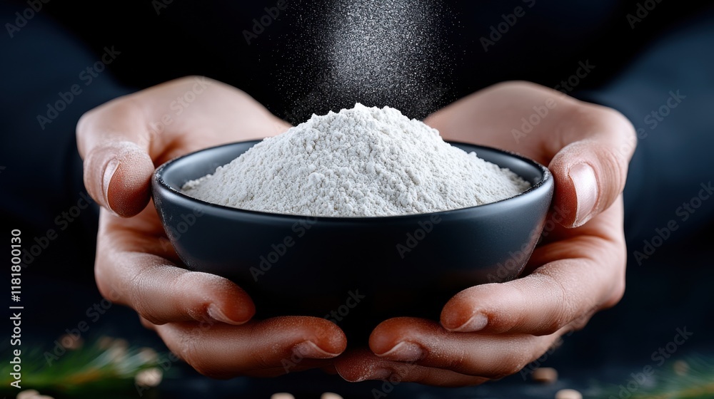 Fototapeta premium Hands holding a black bowl filled with fine white powder, showcasing the texture and details in a culinary setting with dark contrasting background