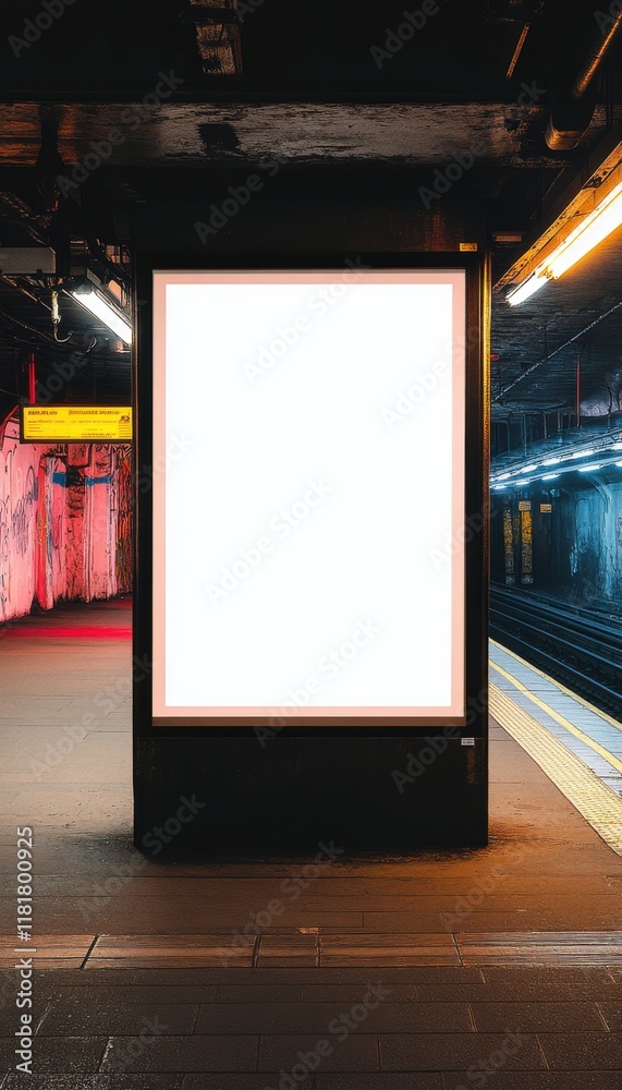 Subway station platform features a blank advertisement board and vibrant colored walls illuminated by artificial lighting at night Subway station platform features a blank advertisement board and vibrant colored walls illuminated by artificial lighting at night