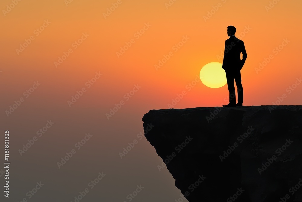 Professional Silhouette Against Sunrise Standing on Cliff, Inspirational Concept of Success Professional Silhouette Against Sunrise Standing on Cliff, Inspirational Concept of Success
