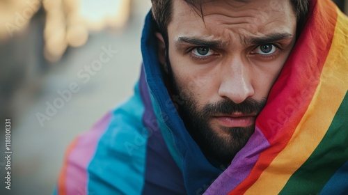Young man enveloped in lgbtq flag hiding his sadness  a reflection on homophobia and identity