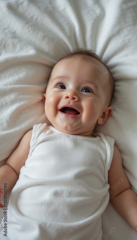 A delightful baby with a beaming smile lies on a plush white surface, radiating pure joy. The image captures the innocence and happiness of childhood, showcasing the babys sparkling eyes and adorable A delightful baby with a beaming smile lies on a plush white surface, radiating pure joy. The image captures the innocence and happiness of childhood, showcasing the babys sparkling eyes and adorable