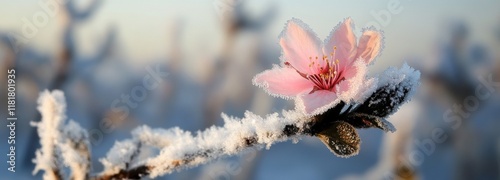 Frost-covered pink flower blooming against a winter backdrop at early morning light photo