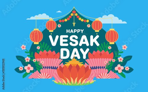 Colorful Vesak Day Celebration with Lanterns and Lotus Flowers