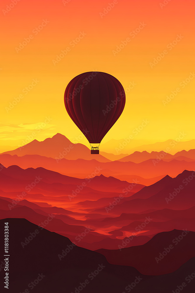 Fototapeta premium A serene hot air balloon gliding over vibrant mountains at sunset.