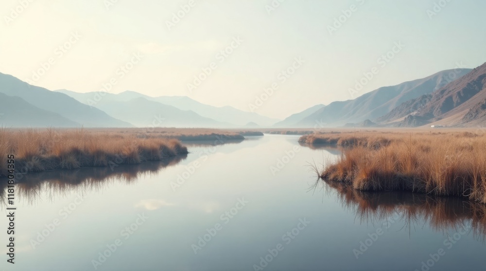 Fototapeta premium Serene landscape of a tranquil waterway reflecting hazy mountains and golden grasses