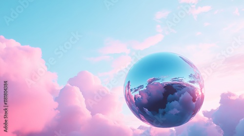 A futuristic depiction of a blue metallic object against a cloudy sky, where the pink clouds evoke a sense of the early 2000s Y2K aesthetic