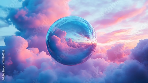 A futuristic depiction of a blue metallic object against a cloudy sky, where the pink clouds evoke a sense of the early 2000s Y2K aesthetic