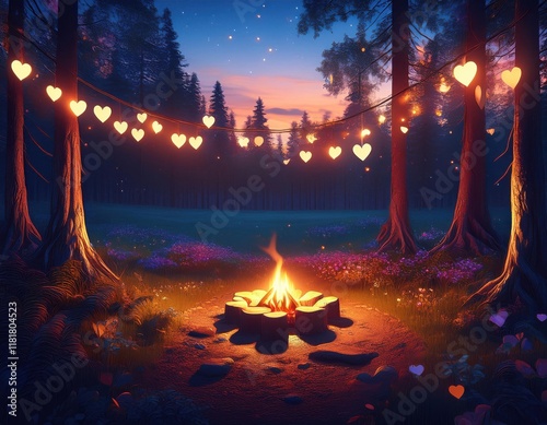 A cozy campfire glows beneath heart-shaped lights in a tranquil forest setting at dusk.
