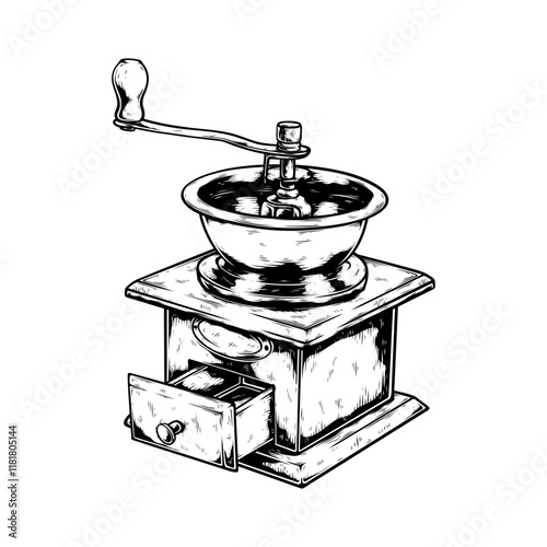 vintage manual coffee grinder vector line art drawing illustration