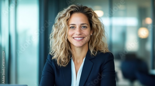 Free Download Smiling woman with curly blonde hair wearing a navy suit sitting in a modern office environment. Professional business portrait for corporate or career concept. - GFXLoad