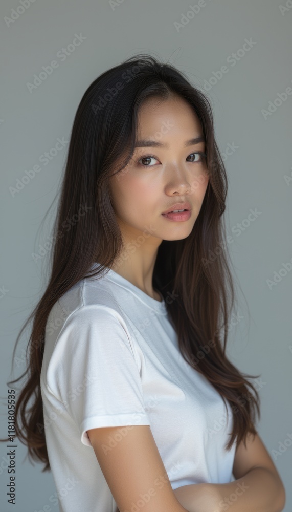 A striking portrait of a young Asian woman with long, flowing hair, gazing thoughtfully at the camera. Her serene expression and minimalist white t-shirt create a captivating blend of beauty and A striking portrait of a young Asian woman with long, flowing hair, gazing thoughtfully at the camera. Her serene expression and minimalist white t-shirt create a captivating blend of beauty and