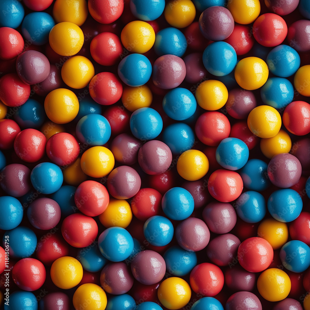 A bunch of colorful candy balls are piled up in a pile. The colors are blue, red, and yellow A bunch of colorful candy balls are piled up in a pile. The colors are blue, red, and yellow