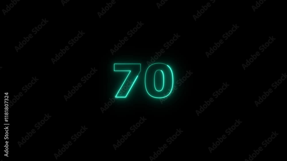 Abstract glowing neon text 70 number countdown icon. Glowing sign on black background Abstract glowing neon text 70 number countdown icon. Glowing sign on black background