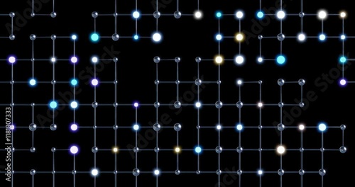 A complex network of luminous nodes and lines fills the screen, showcasing a digital landscape. This vibrant arrangement suggests advanced technology and connectivity in a captivating visual display.