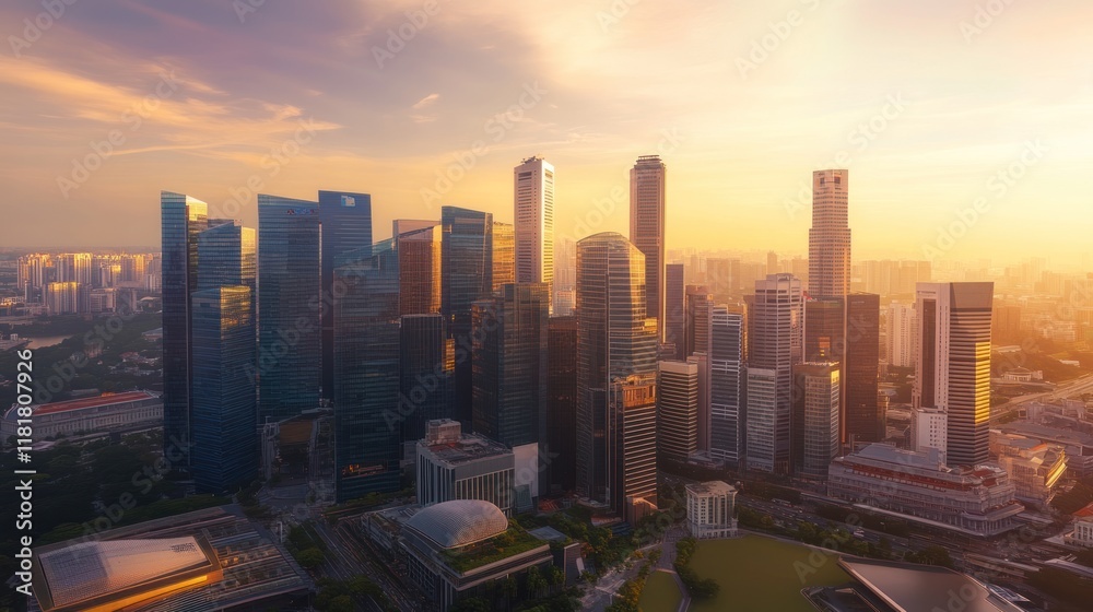 Fototapeta premium Golden Hour Skyline: Singapore's Dazzling Metropolis at Sunset