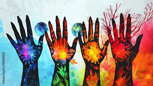 Women history honors equality and leadership. It empowers activism and inspires. Vibrant Hands with Colorful Floral Patterns on Canvas