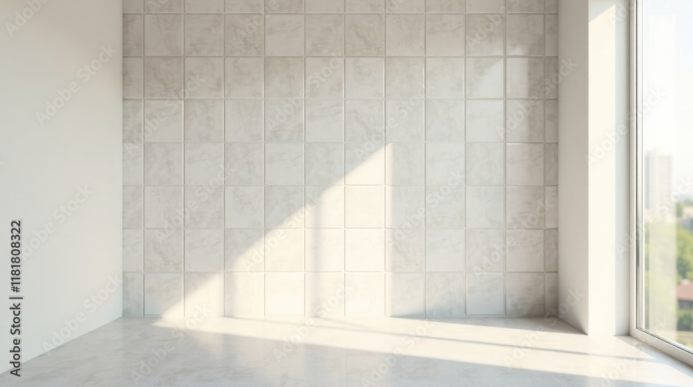 Obraz premium Bright Sunlight Illuminates a Clean, Minimalist Room with Tiled Walls and a Window