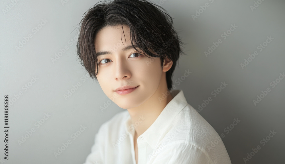 A young man showcases his charming smile while casually resting his arm. The soft lighting enhances his features, creating a warm and inviting atmosphere perfect for a photoshoot. A young man showcases his charming smile while casually resting his arm. The soft lighting enhances his features, creating a warm and inviting atmosphere perfect for a photoshoot.