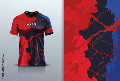 T-shirt mockup abstract texture grunge texture sport jersey design for football, soccer, racing, esports, running, in red black blue color
