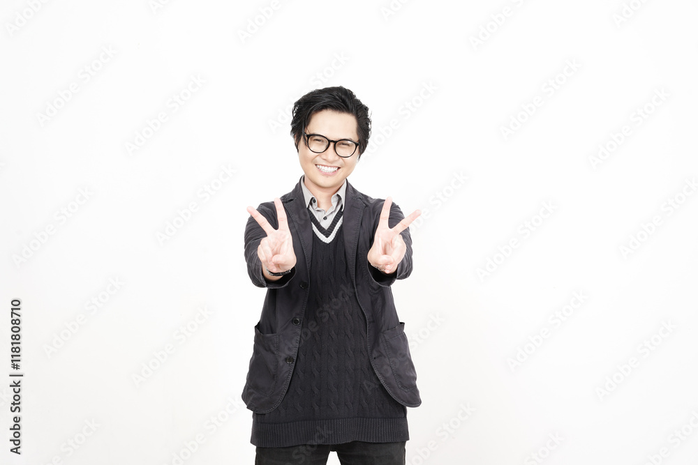 Showing Peace or Victory sign Of Beautiful Asian Man Isolated On White Background Showing Peace or Victory sign Of Beautiful Asian Man Isolated On White Background