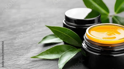 two jars of essential oil with leaves on a table photo