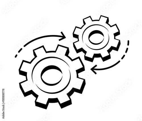 Gears and cogs in operation. Mechanism wheels, machine technology symbol