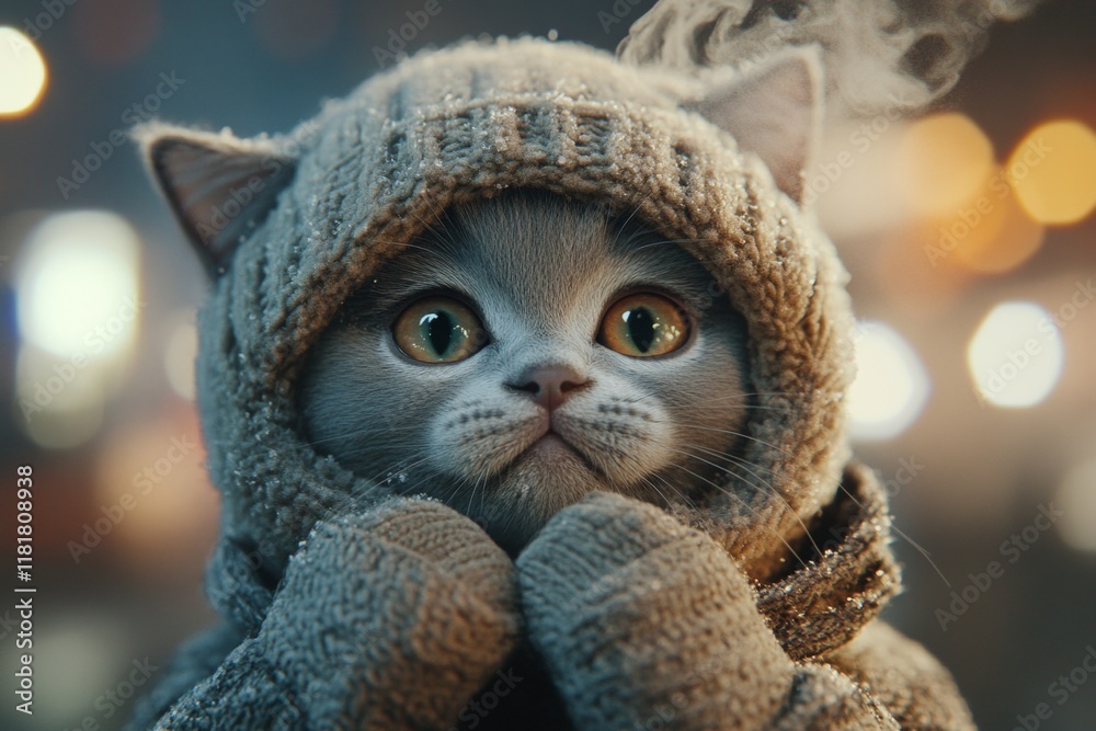 Social digital ads - аnimal care. Problem of animal suffering. Sad cute baby cat russian blue in winter warm clothes, visible breath from nose and mouth in chilly air. Winter cat blanket. Social digital ads - аnimal care. Problem of animal suffering. Sad cute baby cat russian blue in winter warm clothes, visible breath from nose and mouth in chilly air. Winter cat blanket.