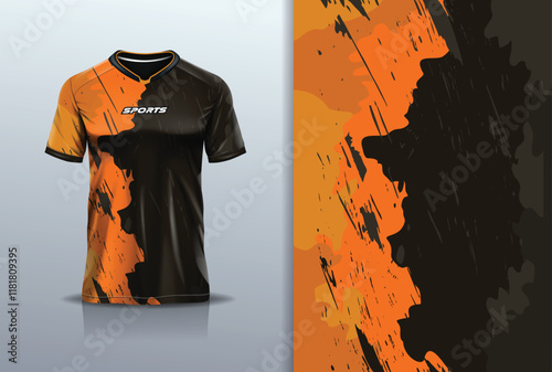 T-shirt mockup abstract texture grunge texture sport jersey design for football, soccer, racing, esports, running, in black orange color