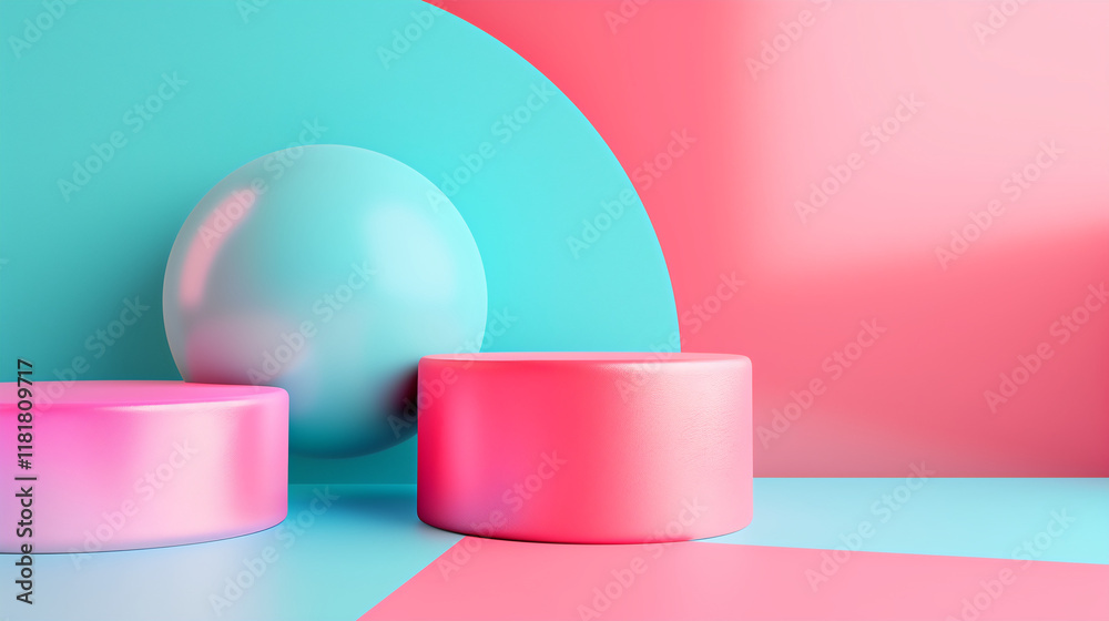 Abstract Geometric Shapes in Pastel Colors, Modern Background Illustration with Pink and Blue 3D Spheres and Platforms Abstract Geometric Shapes in Pastel Colors, Modern Background Illustration with Pink and Blue 3D Spheres and Platforms