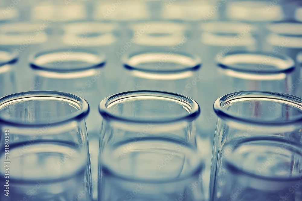 Rows of Clear Glass Jars in Soft Focus, Capturing the Subtle Details of the Transparent Surfaces and Inner Reflections for a Minimalist Aesthetic Rows of Clear Glass Jars in Soft Focus, Capturing the Subtle Details of the Transparent Surfaces and Inner Reflections for a Minimalist Aesthetic