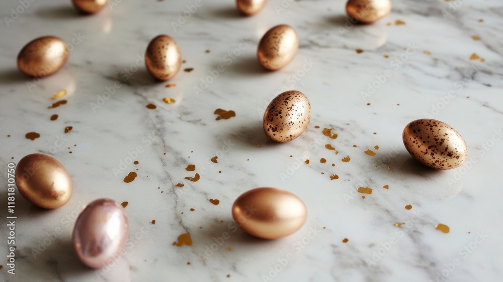 Obraz premium Delicate arrangement of golden Easter eggs on polished marble surface with shimmering accents