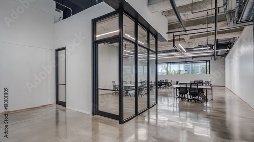 Modern Office Interior Design  Sleek Workspace with Glass Partitions and Polished Concrete Floors