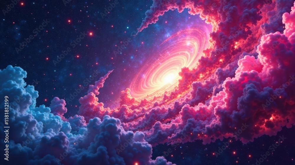 Fototapeta premium Celestial Cloudscape A Dreamlike Galaxy Swirling Within Pink and Purple Clouds, Illuminated by Radiant Stars