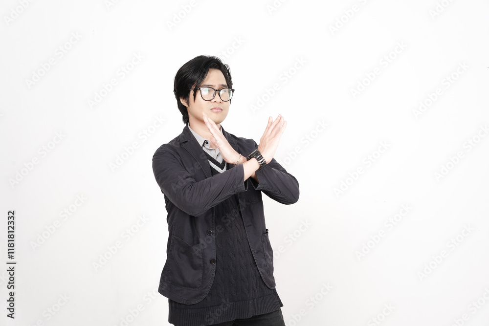 Crossed hand for rejection gesture Of Beautiful Asian Man Isolated On White Background Crossed hand for rejection gesture Of Beautiful Asian Man Isolated On White Background