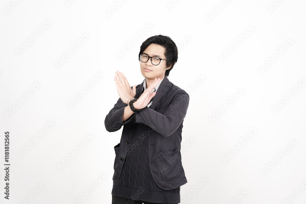Crossed hand for rejection gesture Of Beautiful Asian Man Isolated On White Background Crossed hand for rejection gesture Of Beautiful Asian Man Isolated On White Background