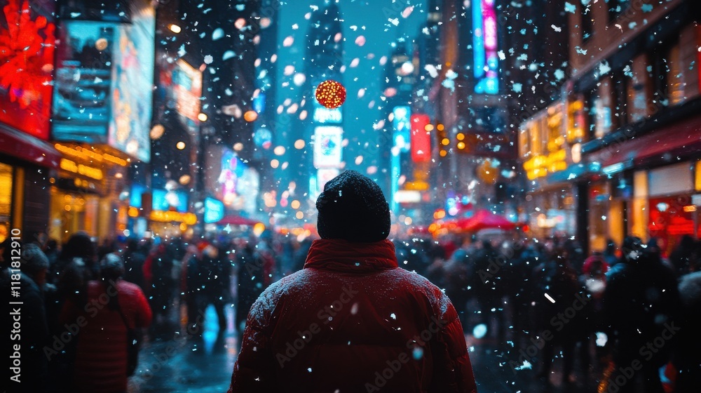 Snowy Evening in Urban City with Colorful Neon Lights and Crowds
