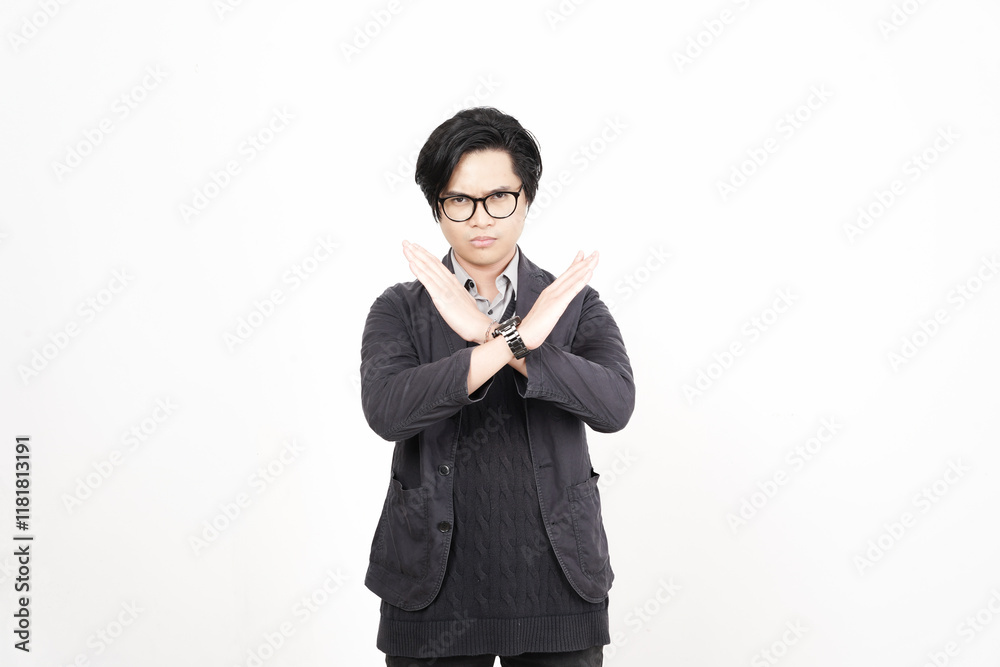 Crossed hand for rejection gesture Of Beautiful Asian Man Isolated On White Background Crossed hand for rejection gesture Of Beautiful Asian Man Isolated On White Background