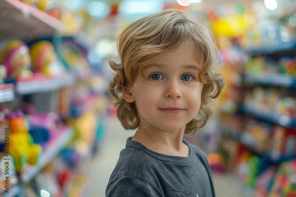 Generative AI image of a cheerful child enjoying a visit to a colorful toy store Generative AI image of a cheerful child enjoying a visit to a colorful toy store
