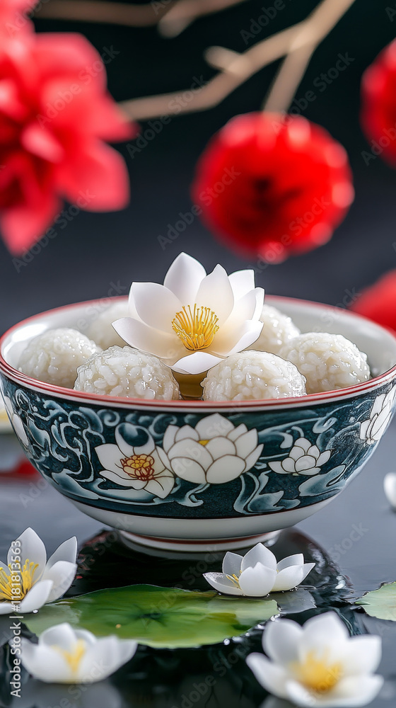 Sweet rice balls in syrup served in lotus patterned bowl, surrounded by lotus flowers and red blossoms for serene presentation. Sweet rice balls in syrup served in lotus patterned bowl, surrounded by lotus flowers and red blossoms for serene presentation.