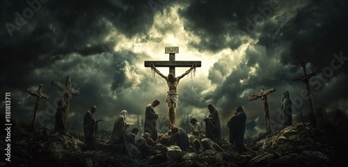 Wallpaper Mural Jesus on the Cross atop Golgotha, with Dark, Stormy Skies Above and Mary and the Disciples Mourning Below Torontodigital.ca