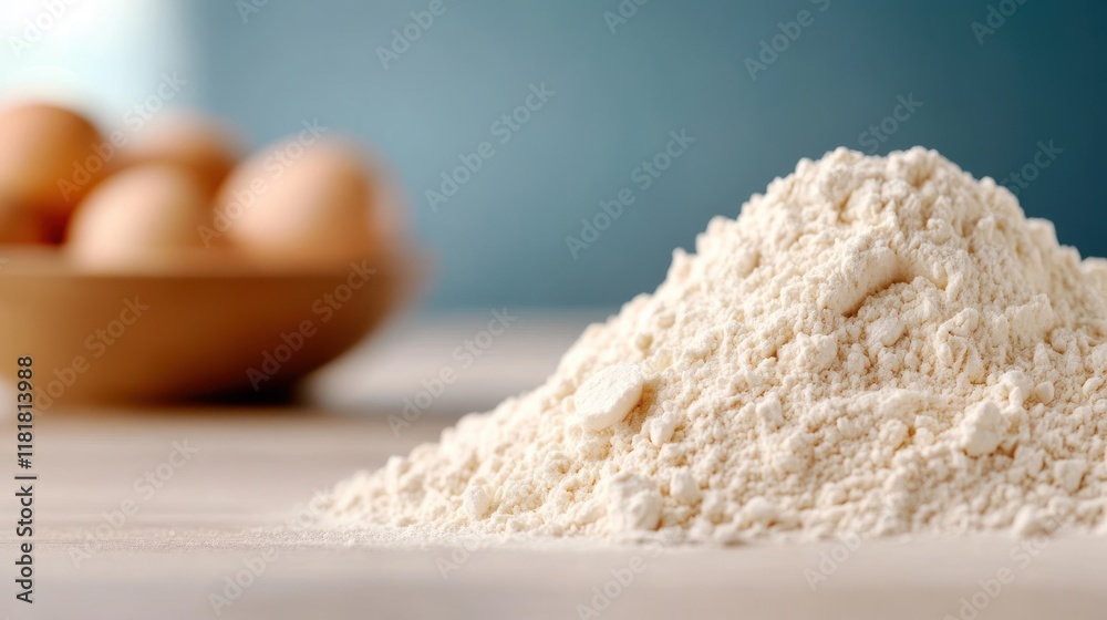 Flour mound with fresh eggs ready for homemade pasta creation Flour mound with fresh eggs ready for homemade pasta creation