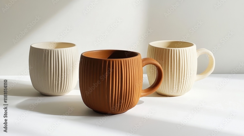 Elegant Textured Mugs on Minimalist Background Elegant Textured Mugs on Minimalist Background