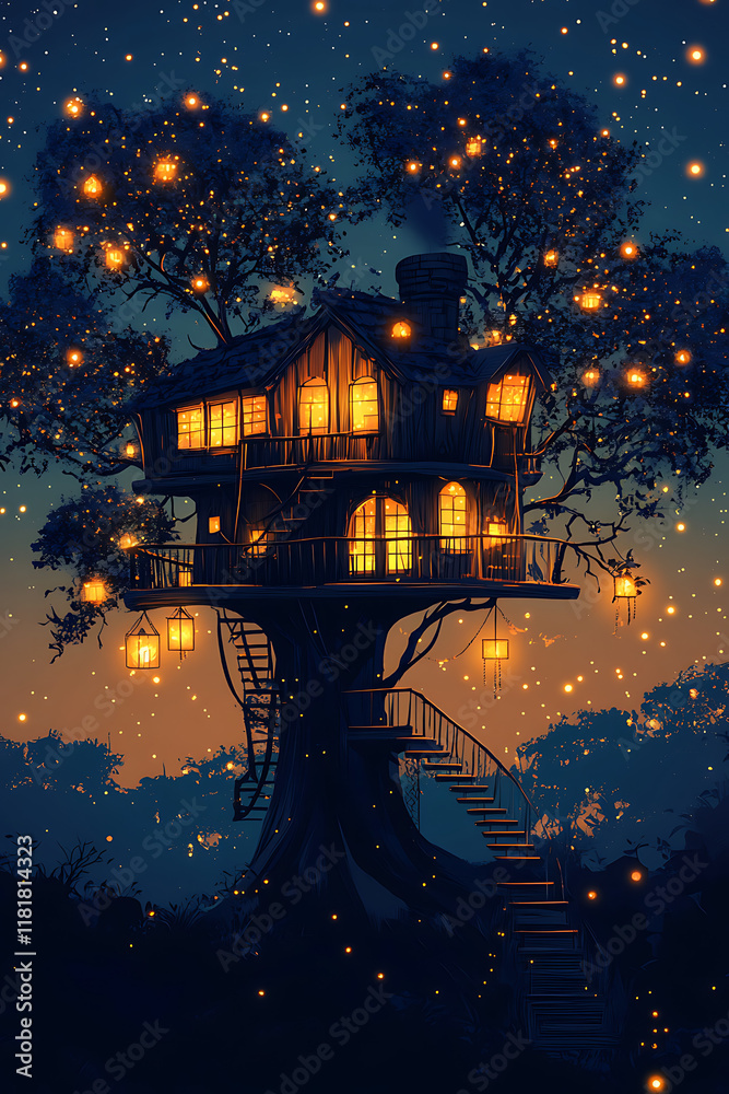 Fototapeta premium A whimsical treehouse illuminated by lanterns, surrounded by a starry night sky.